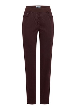 Pantalon bourgogne avec une ceinture élastique, coupe droite, deux poches avant et des détails de couture subtils. Texture de tissu lisse.
