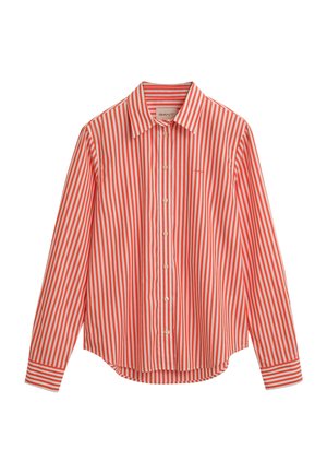 Rood en wit gestreepte blouse met lange mouwen en een button-down kraag, voorzien van knopen aan de voorkant en een gebogen zoom. Katoenen stof.