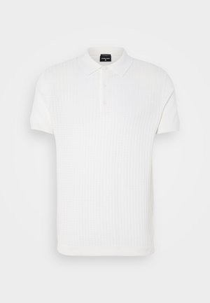 White short-sleeve polo shirt with a textured knit pattern, classic collar, and three-button placket. Smooth fabric finish.