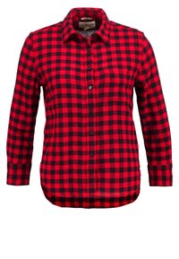 Rood- en zwart geruit flanellen shirt, lange mouwen, knoopsluiting aan de voorkant, ronde zoom en klassieke kraag. Zachte textuur en centrale knoopsluiting.