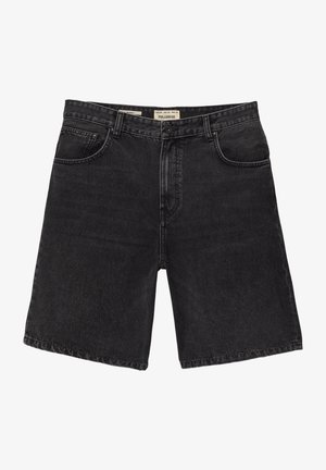 Schwarze Denim-Shorts mit klassischem Schnitt, ausgestattet mit fünf Taschen und einem Knopfverschluss. Texturiert, mit sauberen Abschlüssen und geradem Saum.
