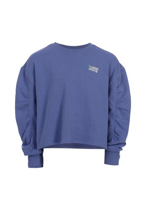 Blauwe cropped sweatshirt met lange opgeblazen mouwen en kleine tekst "LA Beach Club" op de linkerborst.