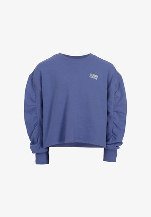 Blauwe cropped sweatshirt met lange opgeblazen mouwen en kleine tekst "LA Beach Club" op de linkerborst.