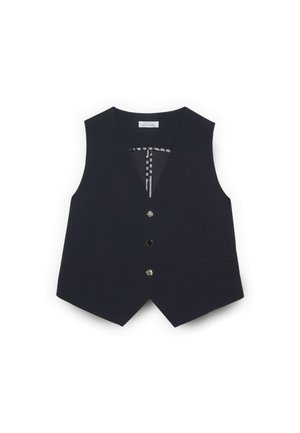 Gilet nero senza maniche su misura con tre bottoni frontali e due tasche laterali, progettato per un abbigliamento formale o da lavoro.