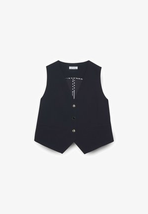 Chaleco negro sin mangas, entallado, con tres botones delanteros y dos bolsillos laterales, diseñado para vestir de forma formal o de negocios.