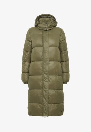 Grüne Puffy-Jacke mit Kapuze, aus glattem, glänzendem Material, langärmligem Design und horizontalen Steppnähten. Mit Reißverschluss vorne.