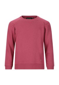Bordeaux sweatshirt, lange mouwen, ronde hals, ribgebreide manchetten en zoom, zachte textuur, subtiele logo-detail aan de onderkant.