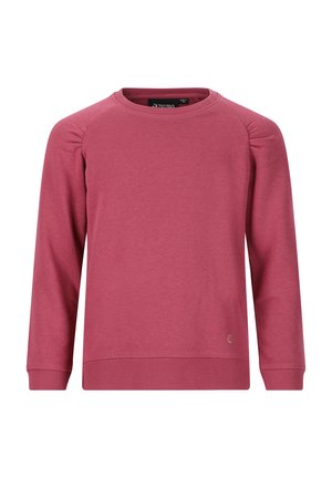 Mørkerødt sweatshirt, lange ærmer, rund halsudskæring, ribbede manchetter og kant, blød tekstur, diskret logo-detalje på nederste side.