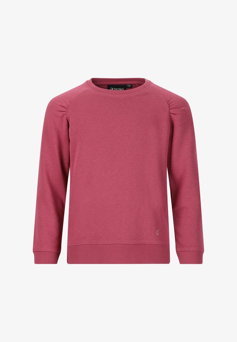 Mörkröd sweatshirt, långärmad, rundad halsringning, ribbade mudd och nederkant, mjuk textur, diskret logotypdetalj på nedre sidan.