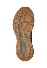 Shoe outsole with a patterned design; tan rubber material with grooves and ridges for traction; features a metallic grey accent along the middle.