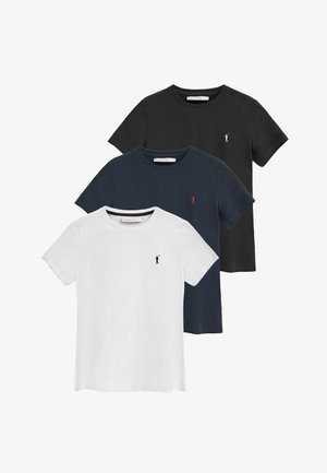 Tre magliette di cotone in bianco, blu navy e nero. Ognuna presenta un piccolo logo sul petto e un design con collo rotondo.