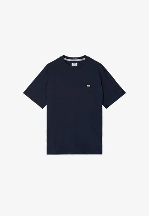 Navy blue short-sleeve crew neck T-shirt with small rectangular logo patch on the left chest.