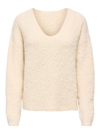 Pull texturé à manches longues de couleur blanc cassé avec un tissu doux et duveteux et un profond col rond.