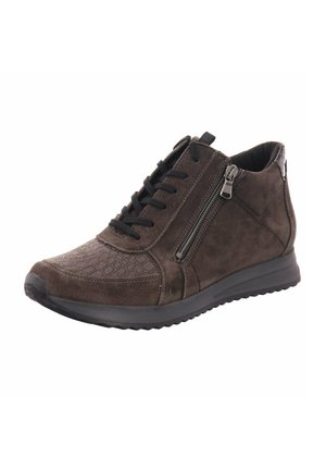 Brown suede ankle boots with a textured pattern near the toe, featuring black laces and a side zip for easy wear. Rubber sole.