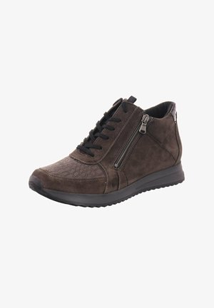 Brown suede ankle boots with a textured pattern near the toe, featuring black laces and a side zip for easy wear. Rubber sole.