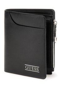 Black Guess wallet made of textured leather, featuring a zip closure, card slots, and a silver logo on the front. Compact and rectangular design.