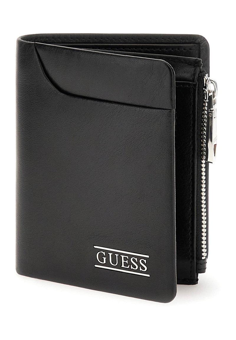 Black Guess wallet made of textured leather, featuring a zip closure, card slots, and a silver logo on the front. Compact and rectangular design.