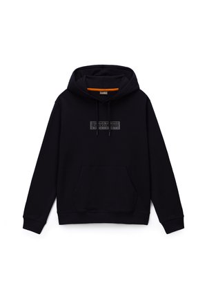 Juodas megztinis su gaubtu, priekyje kišenė, reguliuojamas gaubto raišteliais ir nedidelė stačiakampė logotipo žyma centre ant krūtinės.