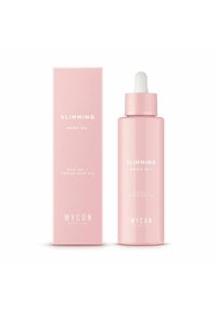 Olio snellente per il corpo in una bottiglia di vetro rosa con pipetta. Il packaging è una scatola rosa coordinata con testo bianco che dettaglia le informazioni sul prodotto.