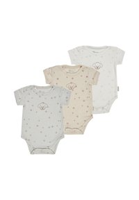 Three short-sleeved baby bodysuits in pastel colors: light blue, beige, and white, featuring puppy designs and floral patterns.