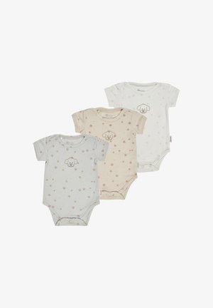 Drei kurzärmlige Baby-Bodysuits in Pastellfarben: Himmelblau, Beige und Weiß, mit Welpenmotiven und blumigen Mustern.