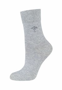 Grau Baumwollsocke mit einem gerippten Bündchen, glatter Textur und einem dezenten gemusterten Logo an der Seite. Abgerundete Form, die das Fersen-Design hervorhebt.