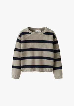 Gestreifter Strickpullover in Beige mit marineblauen Streifen. Verfügt über eine gerippte Textur, einen runden Hals und eine cropped Länge. Mit langen Ärmeln und lässiger Passform.