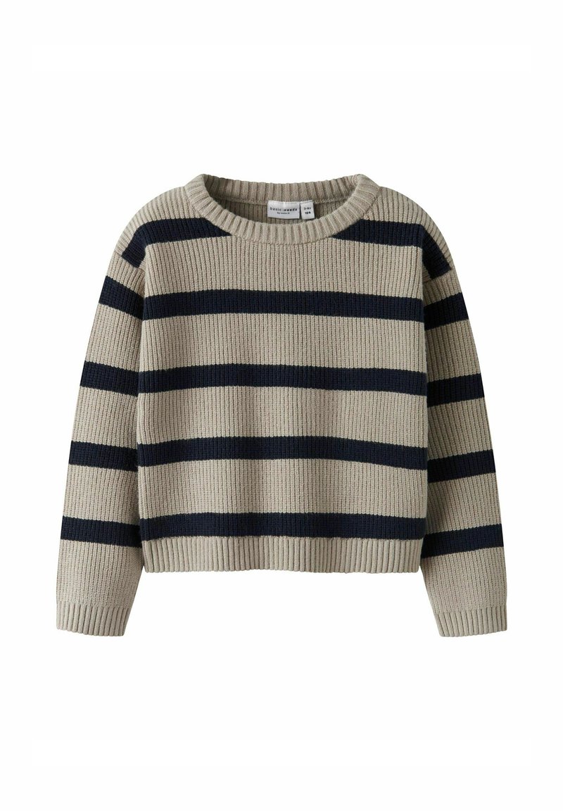 Pull en maille rayé beige avec des rayures navy. Il présente une texture côtelée, un col rond et une longueur raccourcie. Manches longues et coupe décontractée.