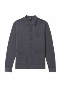 Grå knap-op cardigan lavet af blødt stof, med krave, to frontlommer og lange ærmer med ribbede manchetter.