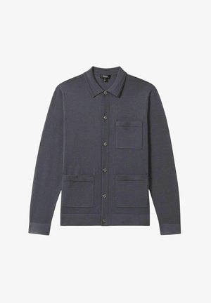 Grauer Button-Up-Strickcardigan aus weichem Stoff, mit Kragen, zwei aufgesetzten Fronttaschen und langen Ärmeln mit gerippten Bündchen.