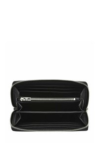 Czarny skórzany portfel ze srebrnym zamkiem błyskawicznym, wyposażony w wiele przegródek na karty oraz centralną kieszeń na zamek do monet lub drobnych przedmiotów.