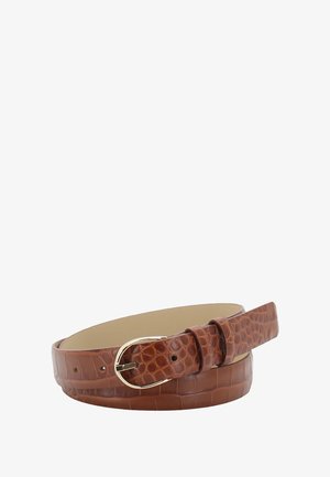 Brown faux crocodile leather belt with gold oval buckle, rolled up showing front and interior side.