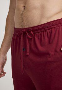 Burgundy pajama pants with an elastic waistband, drawstring, and a button detail. Soft fabric with a smooth texture, suitable for loungewear.