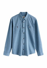 Blaues Langarmshirt aus strukturiertem Stoff mit einem geometrischen Muster, das über das gesamte Shirt verteilt ist, und zwei Brusttaschen sowie braunen Knopfdetails.