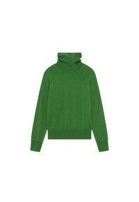 Maglione verde a maglia con colletto alto, dettagli con bottoni sul lato, polsini e orlo a coste; texture morbida e design aderente.