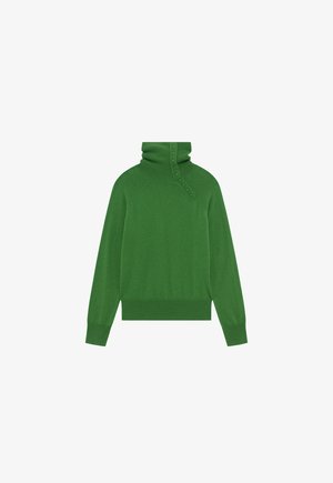 Groene gebreide trui met een hoge kraag, knoopdetails aan de zijkant, geribbelde boorden en zoom; zachte textuur en aansluitend ontwerp.