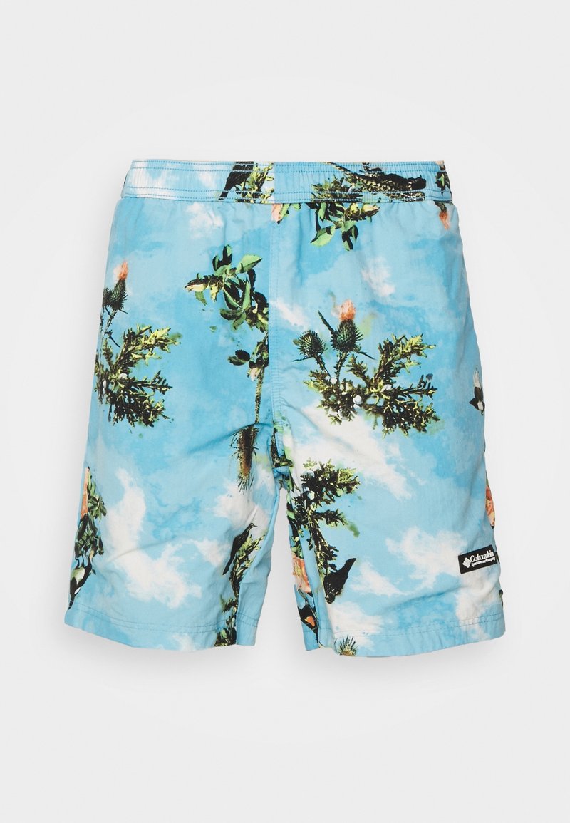 Shorts bleus avec une taille élastique, décorés de plantes de chardon vert et de petits oiseaux noirs, logo Columbia en bas à droite.
