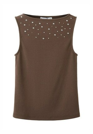 Top maro fără mâneci cu decolteu rotund, decorat cu mici mărgele argintii răspândite lângă guler.