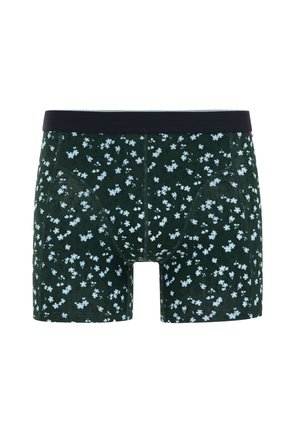 Boxer da uomo in verde scuro con motivo floreale azzurro chiaro, dotati di una comoda vita elasticizzata e di una texture del tessuto liscia.