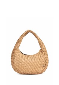 Borsa a tracolla in pelle intrecciata color marrone chiaro con una forma curvata e un'unica maniglia intrecciata. Presenta una chiusura con zip e una superficie testurizzata.