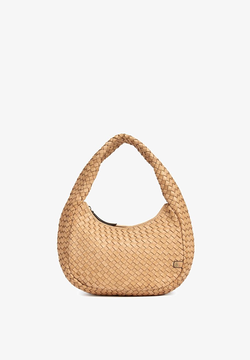 Woven tan leather handbag with a curved shape and a single braided handle. Features a zip closure and a textured surface.