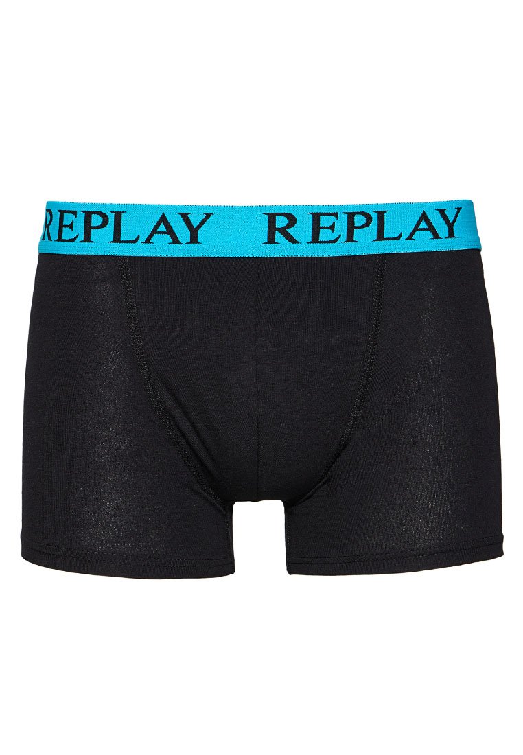 Schwarze Baumwoll-Boxershorts mit einem türkisfarbenen Bund, auf dem "REPLAY" in schwarzer Schrift steht. Weicher Stoff, enganliegendes Design und nahtlose Verarbeitung.