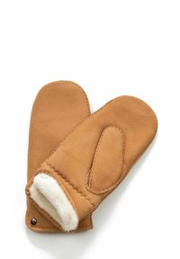 Tan leather mittens lined with soft white shearling. Features rounded tips and visible stitching along the edges.