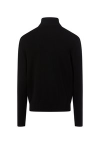 Zwarte trui met een hoge hals, lange mouwen en geribbelde manchetten. Gladde textuur, minimalistisch ontwerp zonder patronen of zichtbare merken.