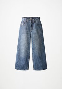 Visokotlačne, široke modre kavbojke iz denima z sprednjimi žepe in majhnim vezenim simbolom miru na desnem žepu.