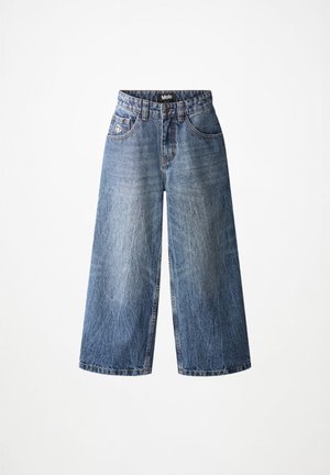 Džínové kalhoty s vysokým pasem a širokým střihem v modré barvě, s předními kapsami a malým vyšitým symbolem míru na pravé kapse.