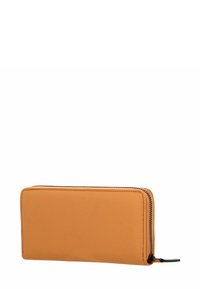 Portefeuille en cuir couleur orange chaud avec une texture lisse, doté d'une fermeture éclair et d'une forme rectangulaire. Design minimaliste.