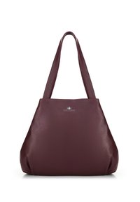Borsa a tracolla in pelle bordeaux con due manici lunghi, texture morbida e forma strutturata. Presenta un piccolo logo argentato sul davanti.