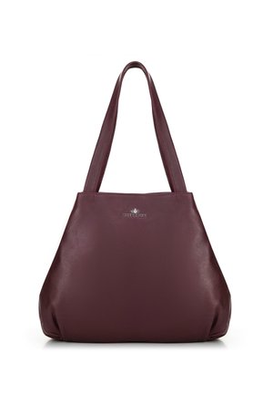 Burgunderrote Leder-Tasche mit zwei langen Griffen, weicher Textur und strukturierter Form. Verfügt über ein kleines silbernes Logo auf der Vorderseite.
