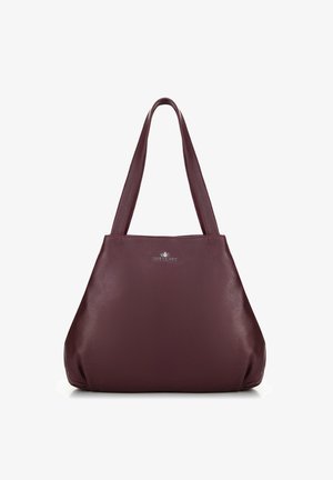Bordeaux leren schoudertas met twee lange handvatten, zachte textuur en een gestructureerde vorm. Heeft een klein zilveren logo aan de voorkant.